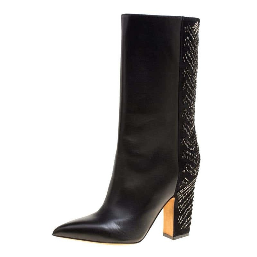 Valentino Black Leather and Beads Embellished Suede Mid Calf Boots Size 40 - Picture 2 of 5